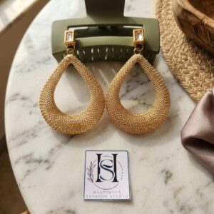 HFS Kundan Golden Mesh Drop Earrings