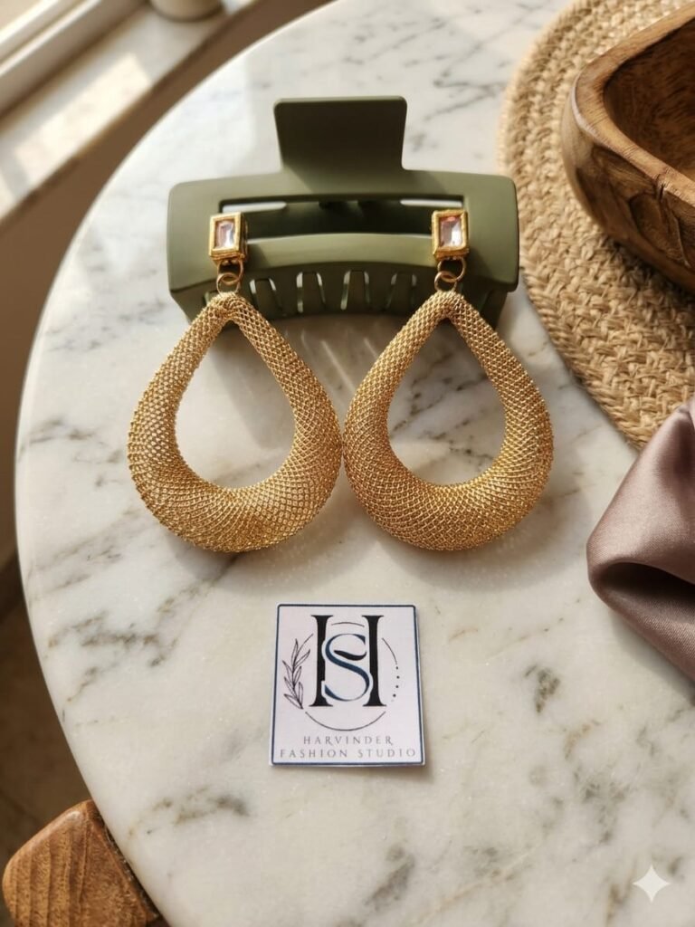 HFS Kundan Golden Mesh Drop Earrings