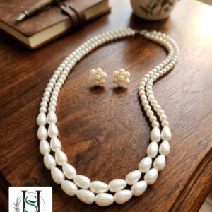 HFS Elegant White Moti Double Layer Necklace Set
