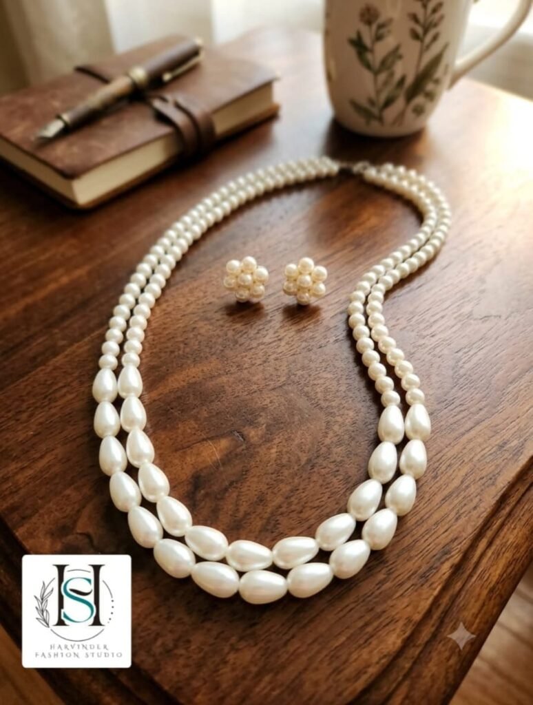 HFS Elegant White Moti Double Layer Necklace Set