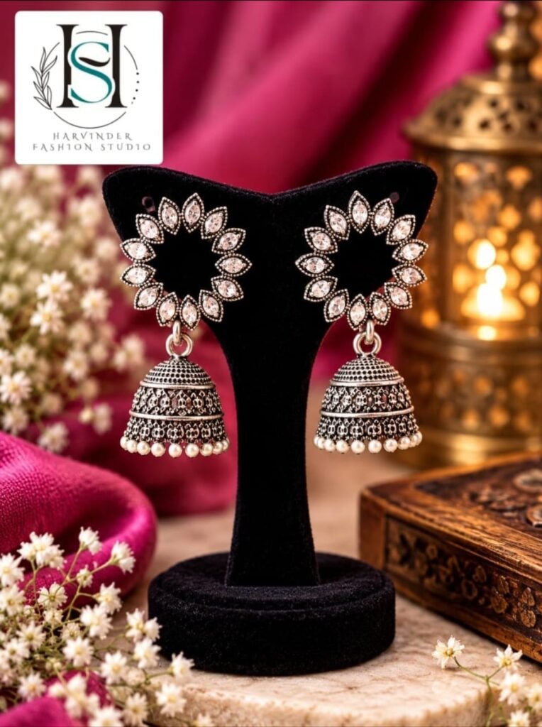 HFS Crystal Floral Oxidized Jhumkas