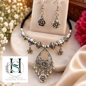 HFS The Vintage Bloom Oxidized Choker & Earring Set
