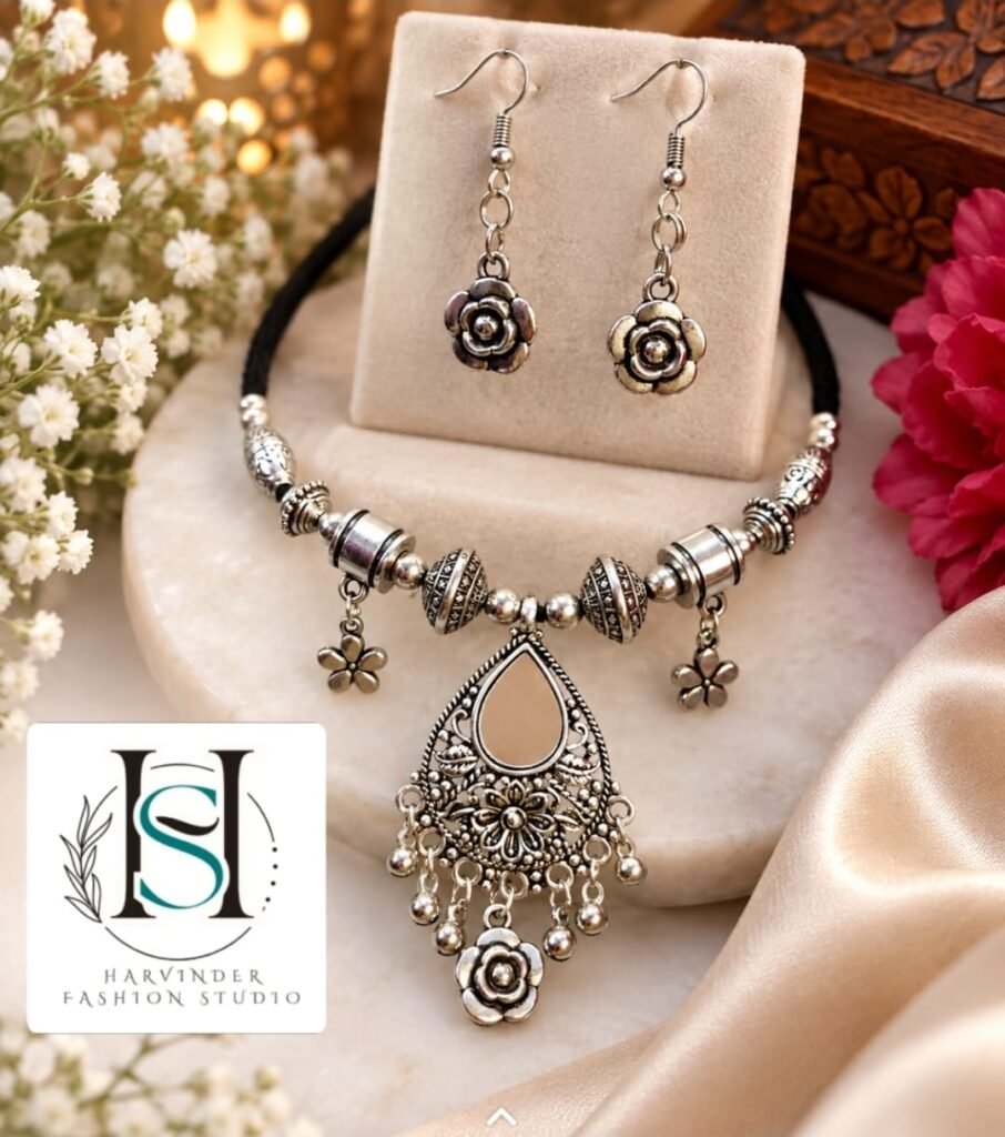HFS The Vintage Bloom Oxidized Choker & Earring Set