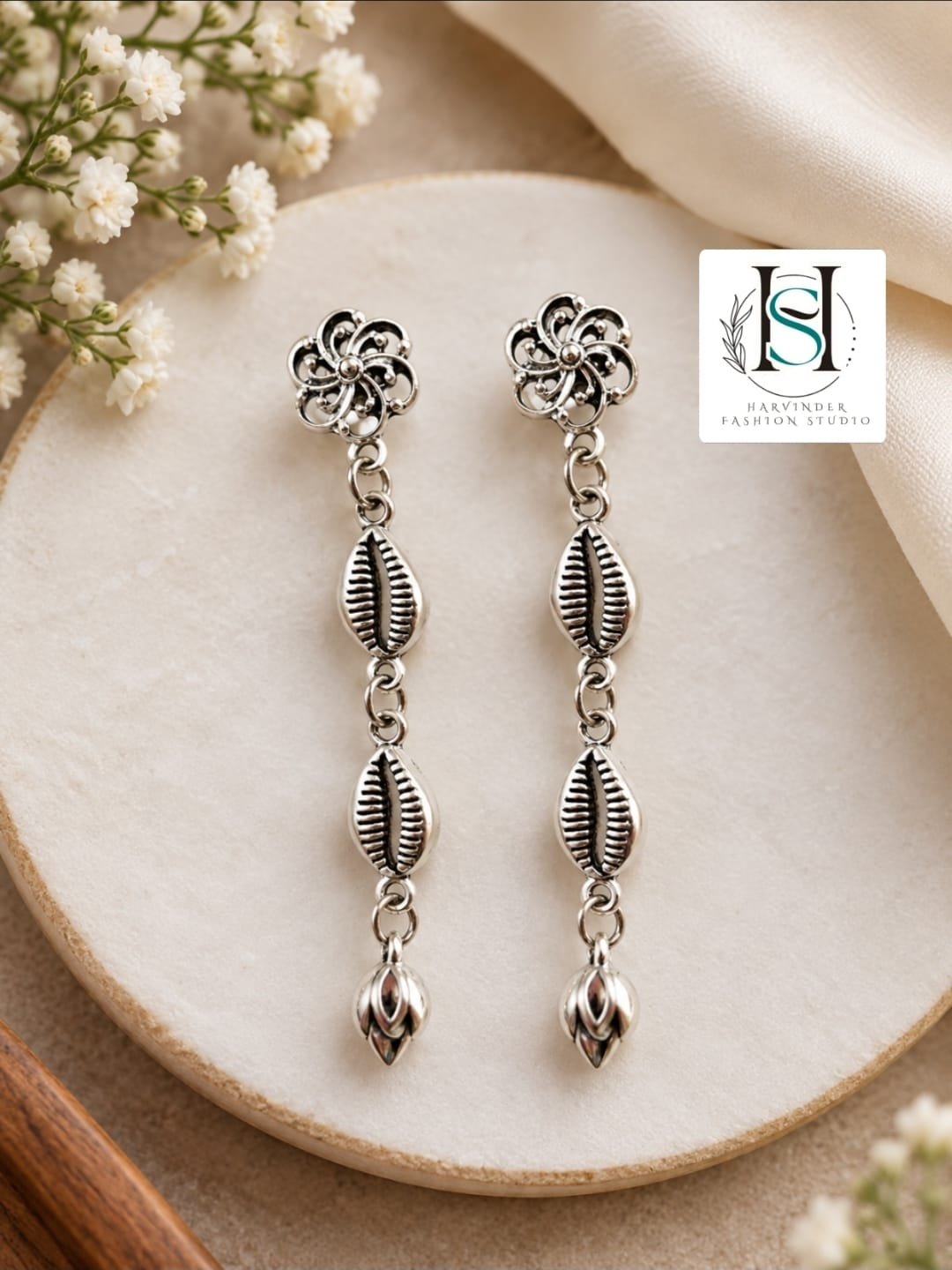 HFS Floral Shell Oxidized Earrings