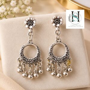 HFS Oxidized Silver Bloom Chandbali Drop Earrings