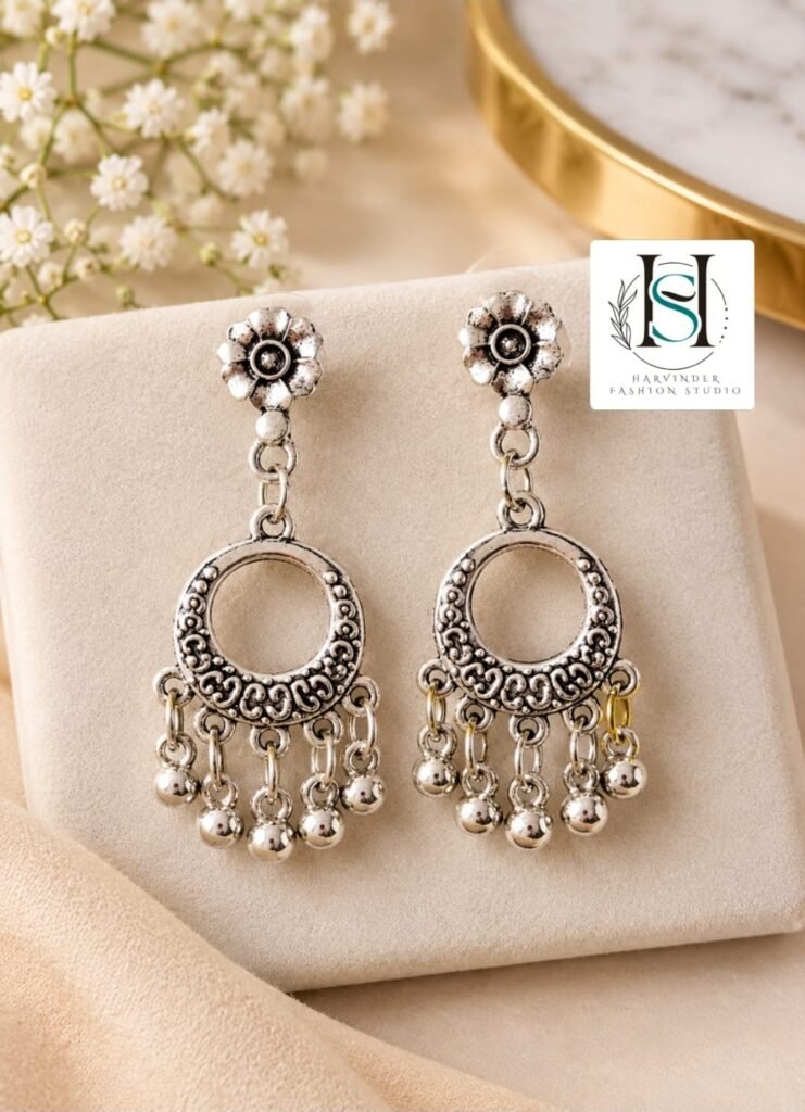 HFS Oxidized Silver Bloom Chandbali Drop Earrings
